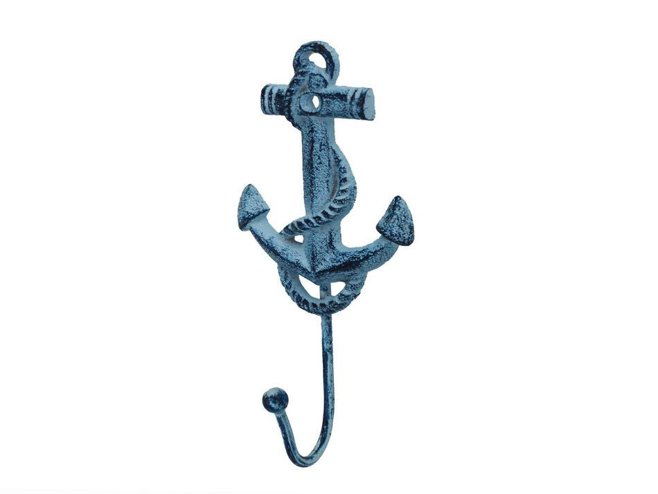 Rustic Dark Blue Whitewashed Cast Iron Anchor Hook 7"