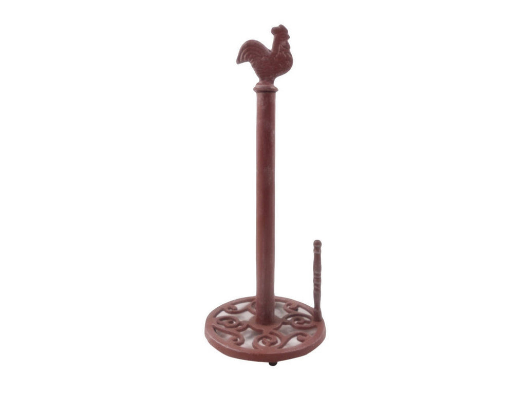 Rustic Red Whitewashed Cast Iron Rooster Paper Towel Holder 15"