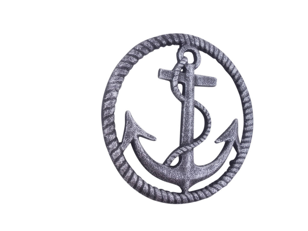 Rustic Silver Cast Iron Anchor and Rope Nautical Kitchen Trivet 7"