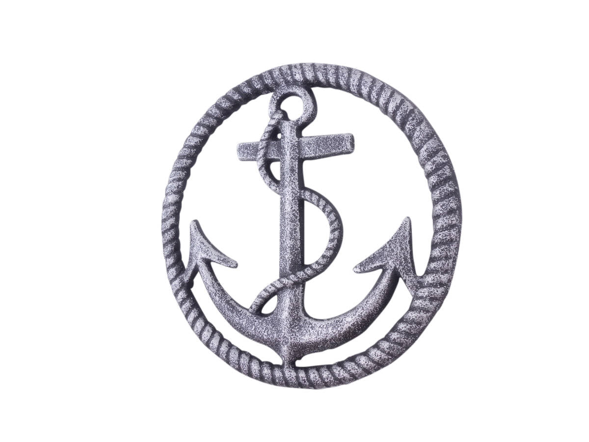 Rustic Silver Cast Iron Anchor and Rope Nautical Kitchen Trivet 7"
