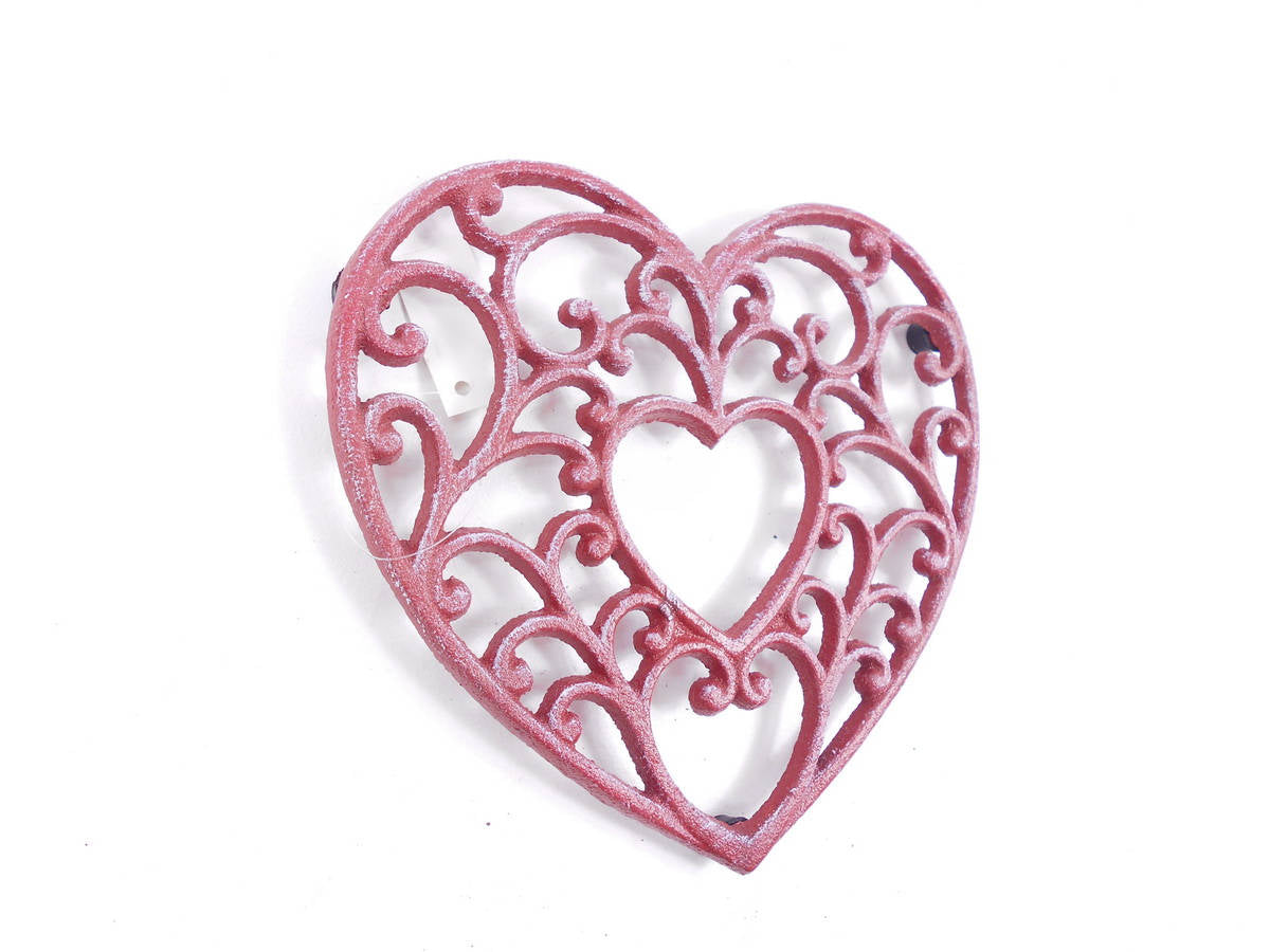 Rustic Red Whitewashed Cast Iron Decorative Heart Kitchen Trivet 8"