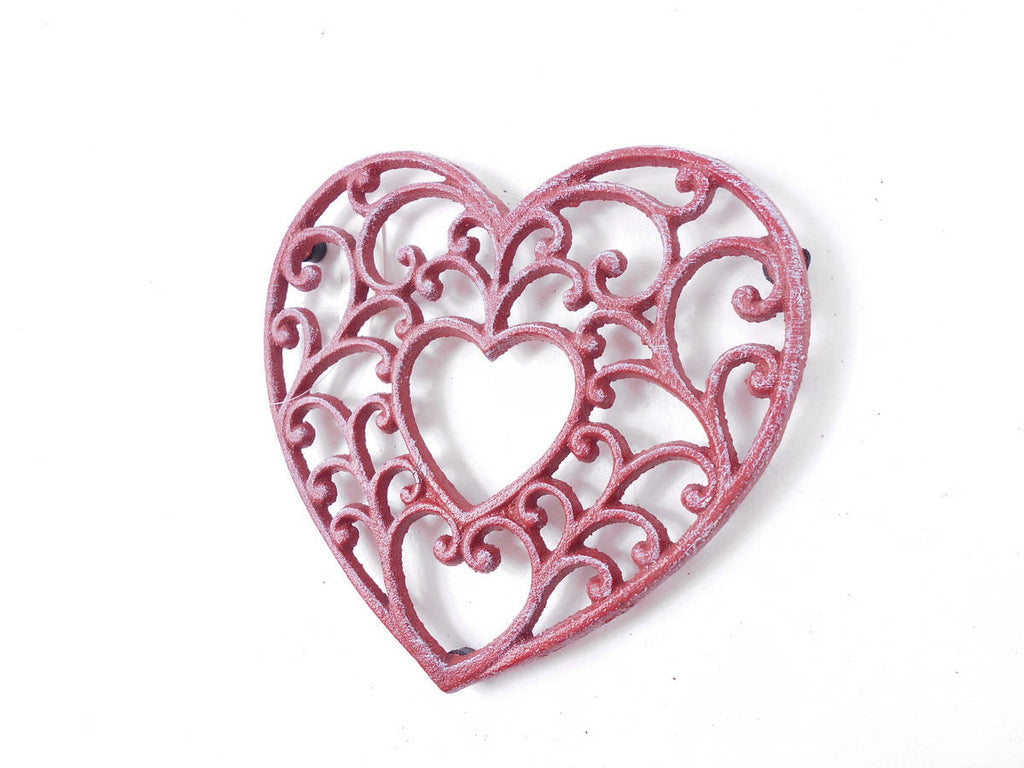 Rustic Red Whitewashed Cast Iron Decorative Heart Kitchen Trivet 8"