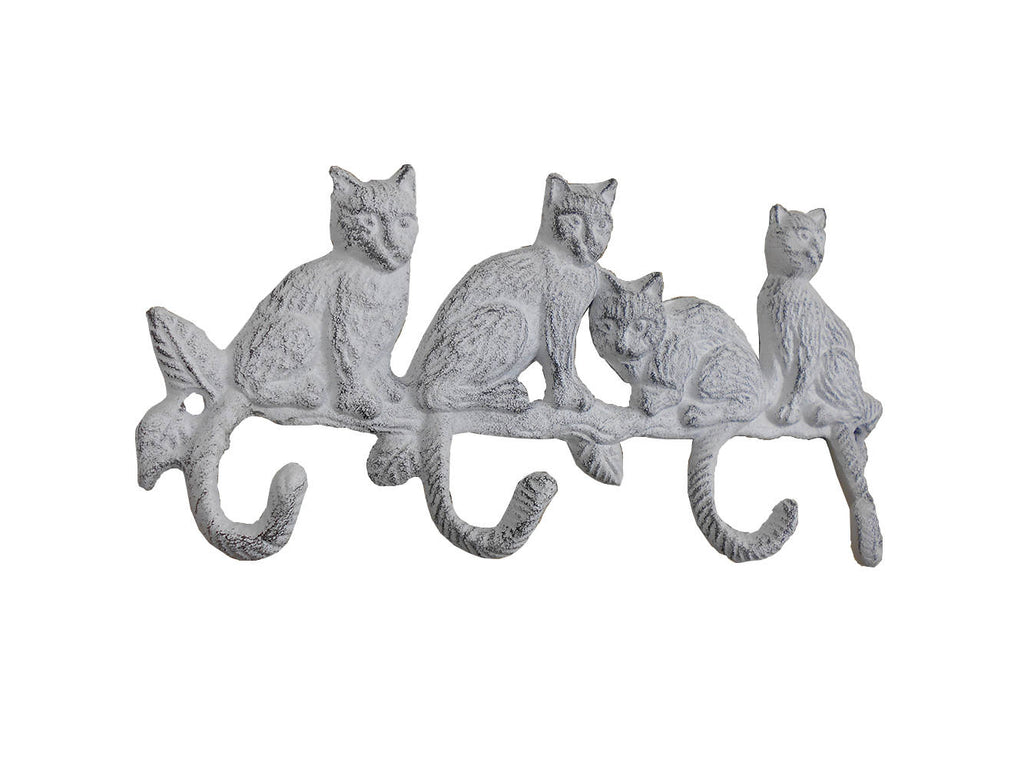 Whitewashed Cast Iron Sitting Cat Family Decorative Metal Wall Hooks 11""