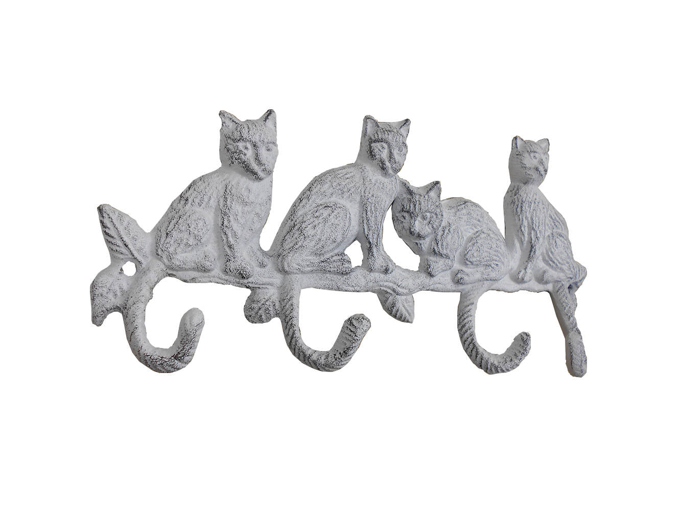 Whitewashed Cast Iron Sitting Cat Family Decorative Metal Wall Hooks 11""