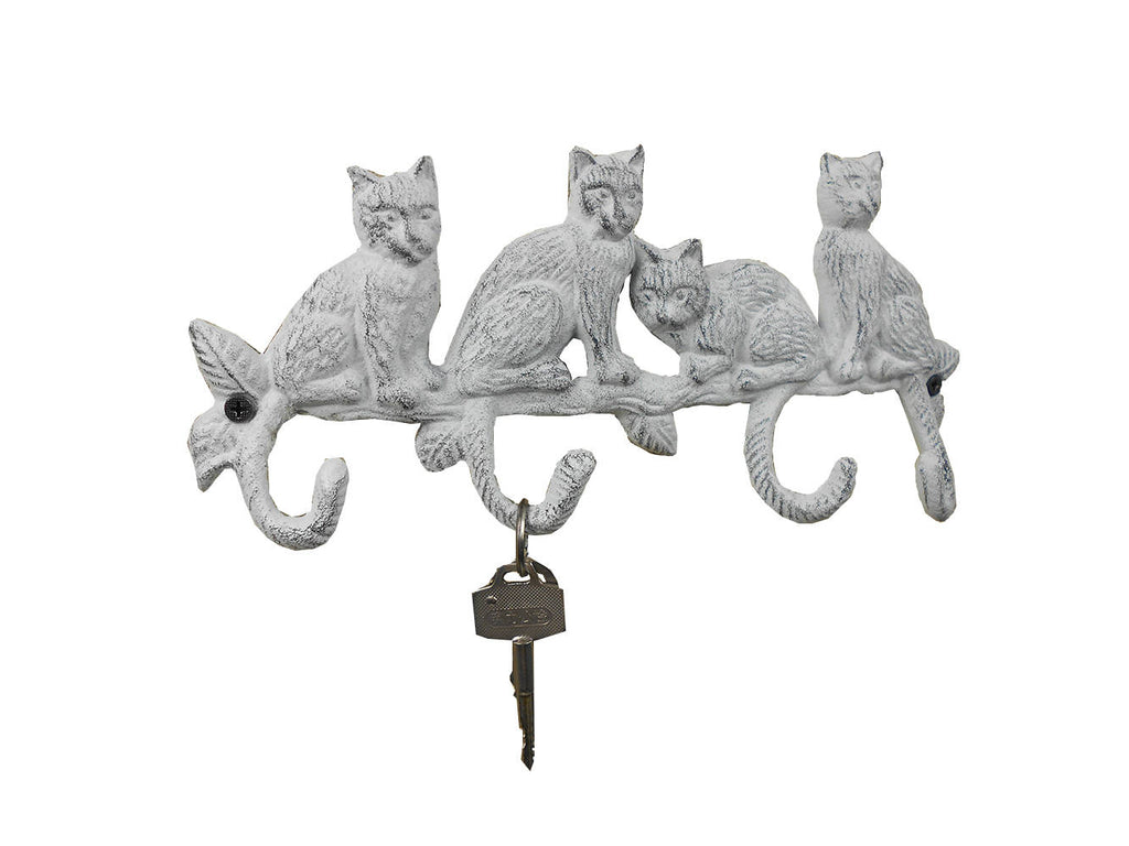 Whitewashed Cast Iron Sitting Cat Family Decorative Metal Wall Hooks 11""