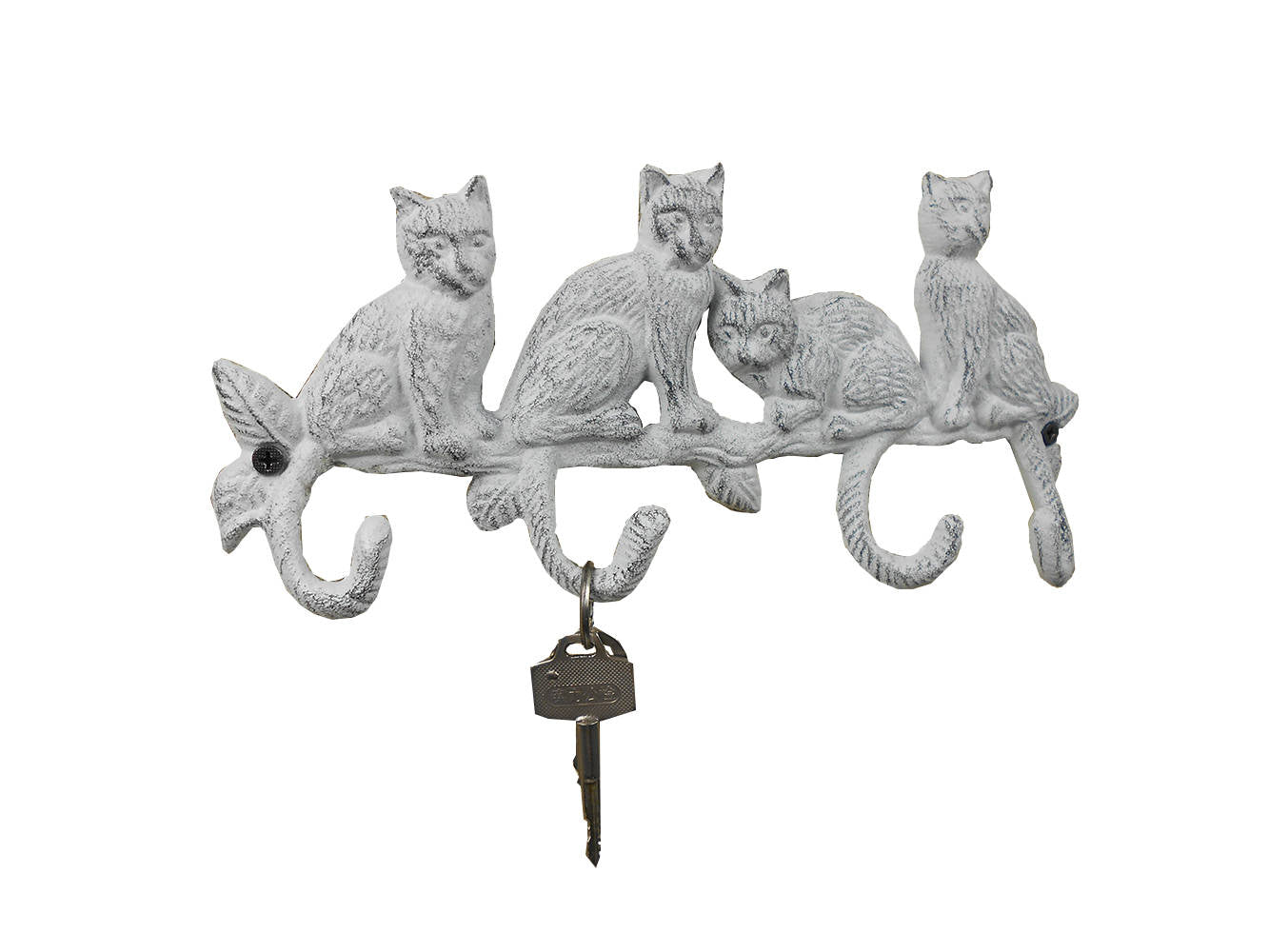 Whitewashed Cast Iron Sitting Cat Family Decorative Metal Wall Hooks 11""