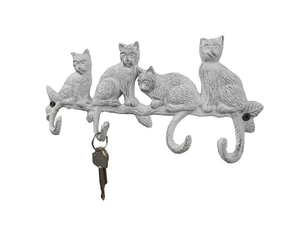 Whitewashed Cast Iron Sitting Cat Family Decorative Metal Wall Hooks 11""