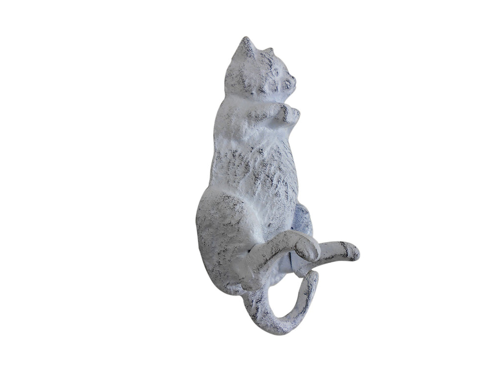 Whitewashed Cast Iron Happy Fat Cat Decorative Metal Wall Hook 6"
