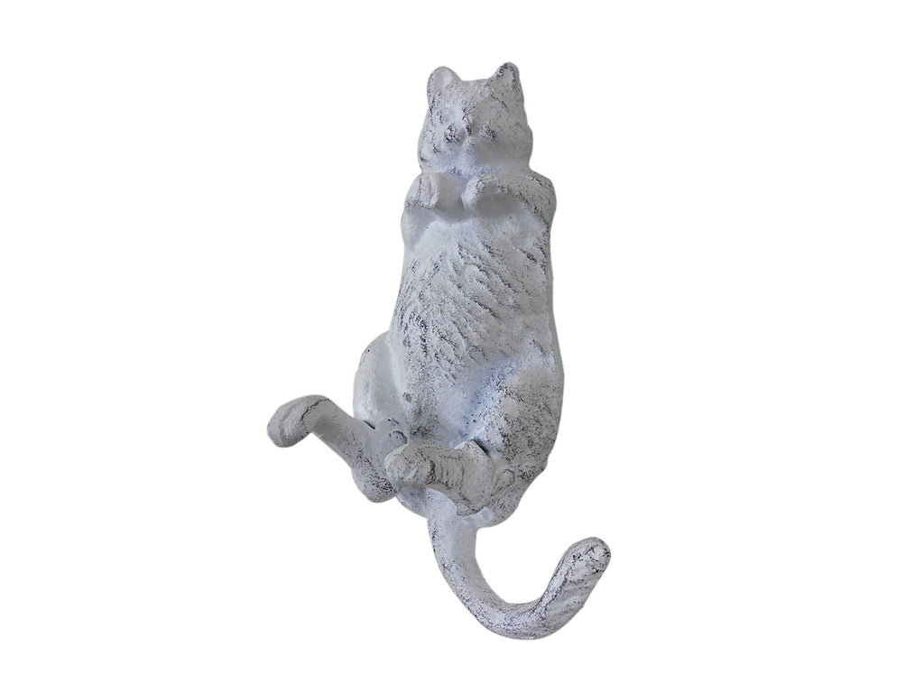 Whitewashed Cast Iron Happy Fat Cat Decorative Metal Wall Hook 6"
