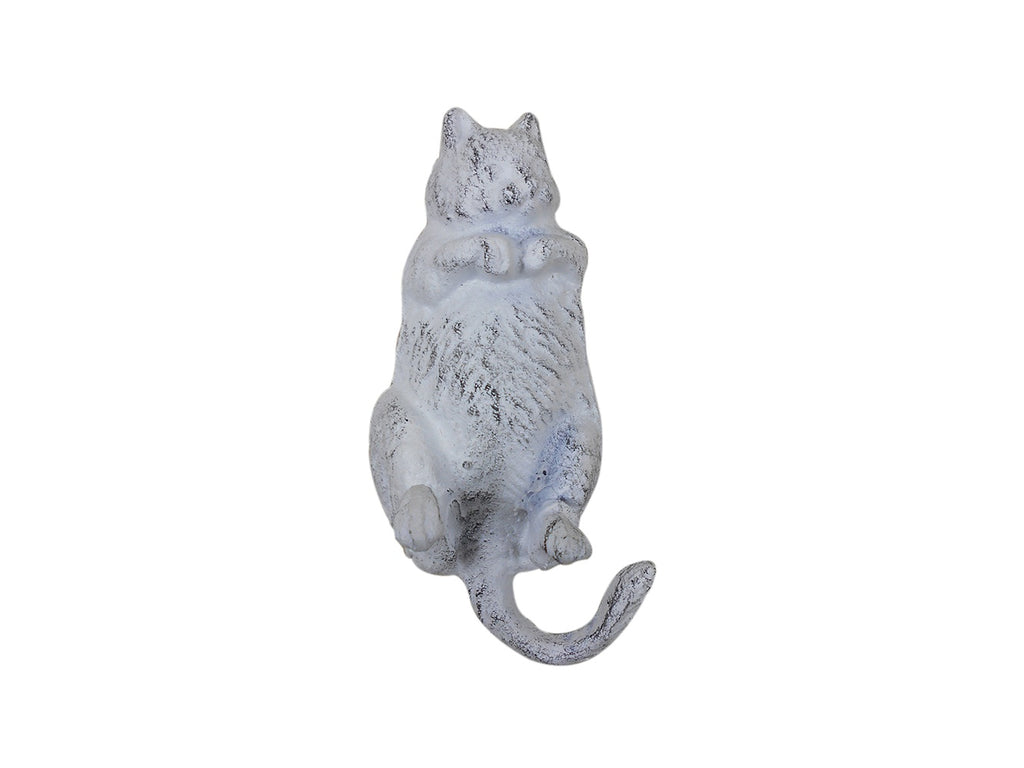 Whitewashed Cast Iron Happy Fat Cat Decorative Metal Wall Hook 6"