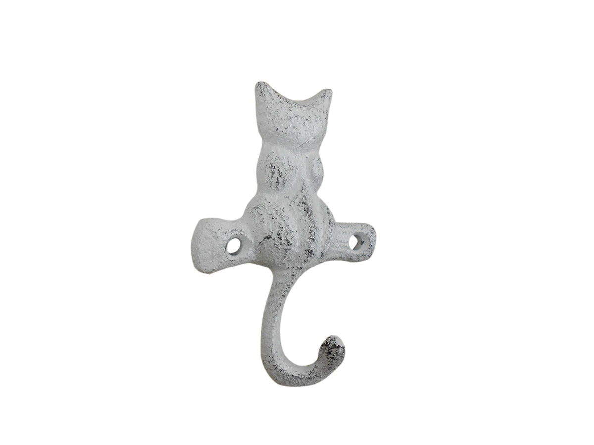 Whitewashed Cast Iron Cat on a Branch with Tail Decorative Metal Wall Hook 4"