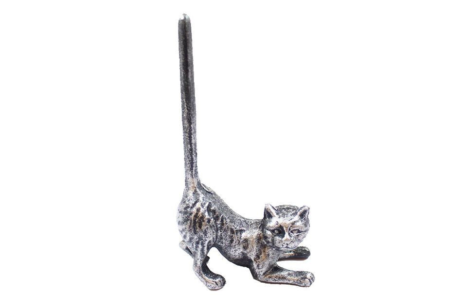 Rustic Silver Cast Iron Cat Extra Toilet Paper Stand 10"
