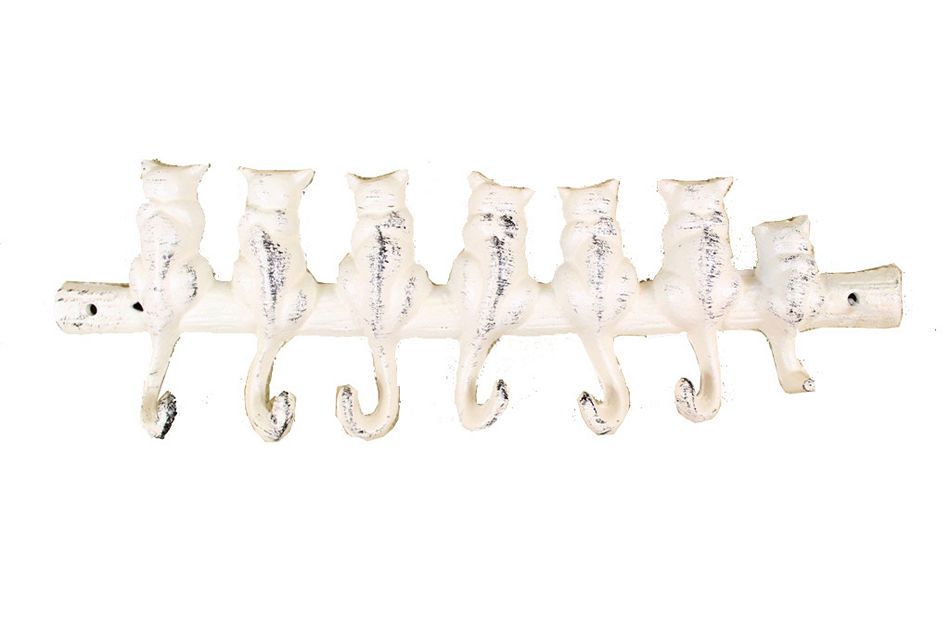 Whitewashed Cast Iron Cat Wall Hooks 13"