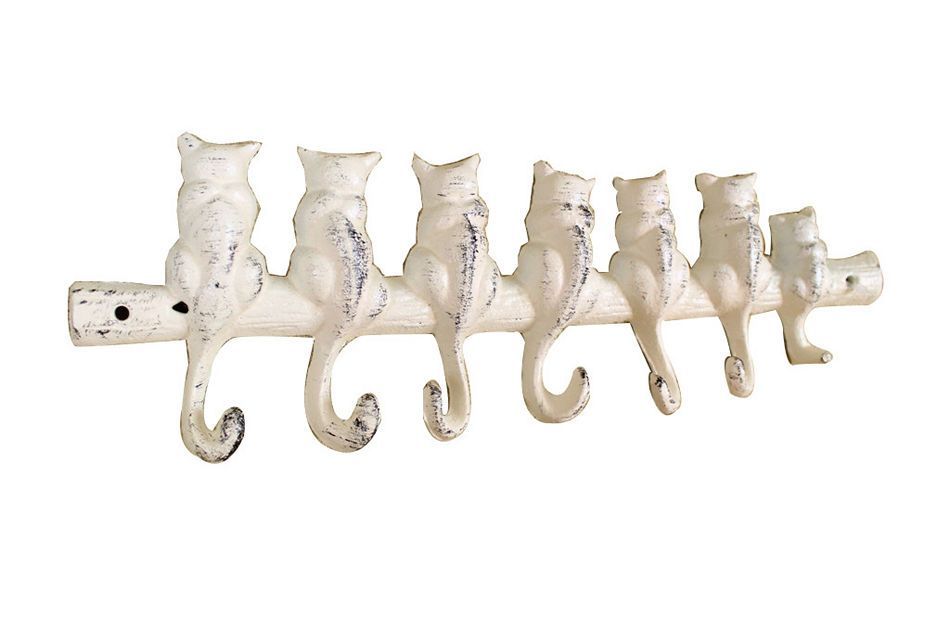 Whitewashed Cast Iron Cat Wall Hooks 13"