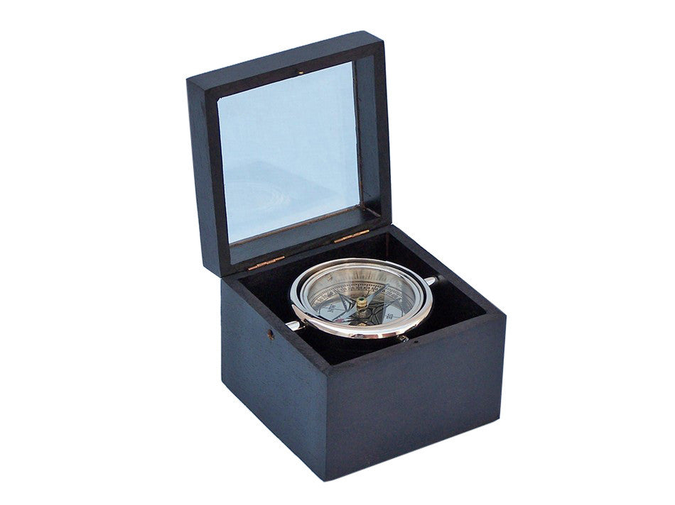 Chrome Lifeboat Compass with Black Rosewood Box 5"