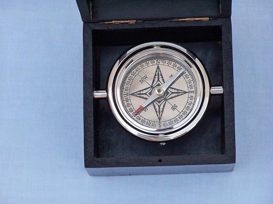 Chrome Lifeboat Compass with Black Rosewood Box 5"