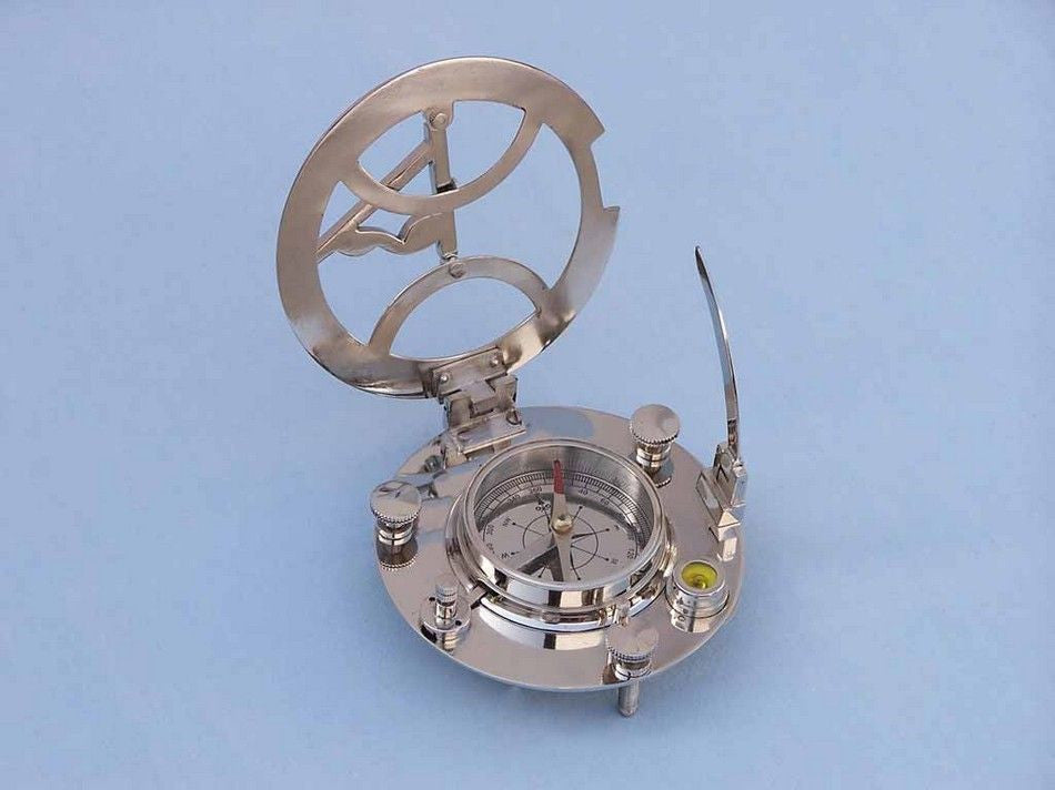 Chrome Round Sundial Compass with Black Rosewood Box 6"