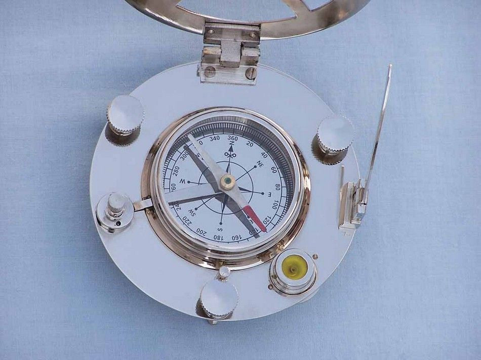 Chrome Round Sundial Compass with Black Rosewood Box 6"
