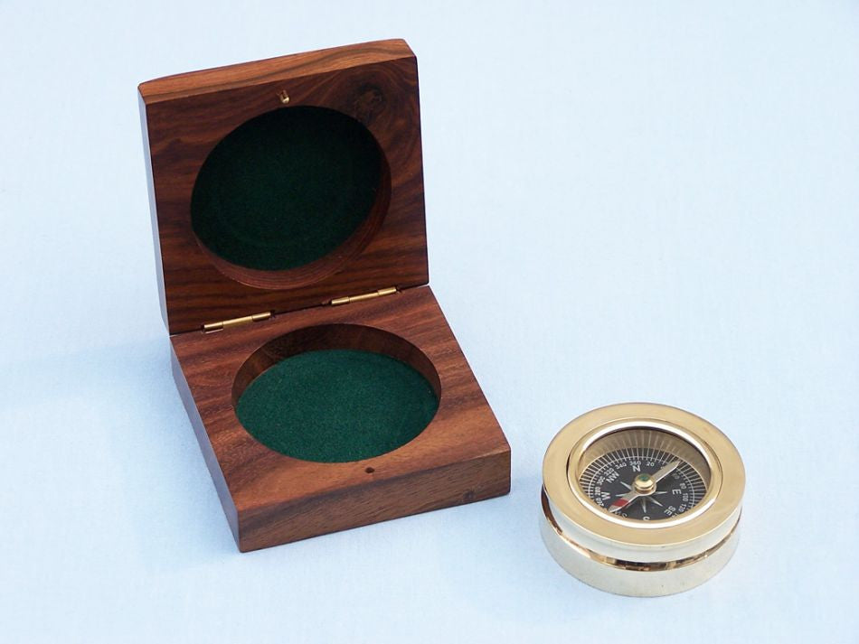 Brass Paperweight Compass w/ Rosewood Box 3"