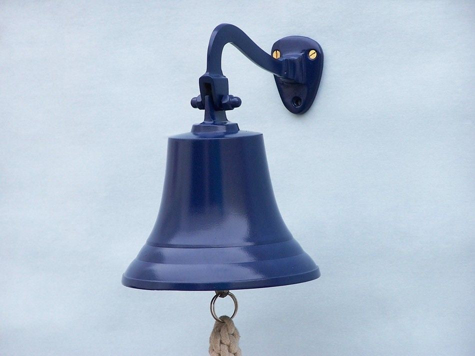 Solid Brass Hanging Ship's Bell 9" - Blue Powder Coated