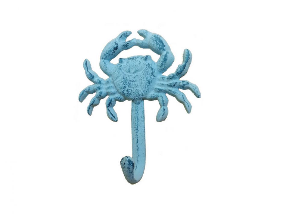 Rustic Blue Whitewashed Cast Iron Wall Mounted Crab Hook 5"
