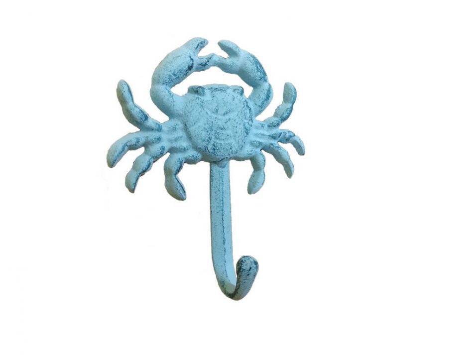 Rustic Blue Whitewashed Cast Iron Wall Mounted Crab Hook 5"