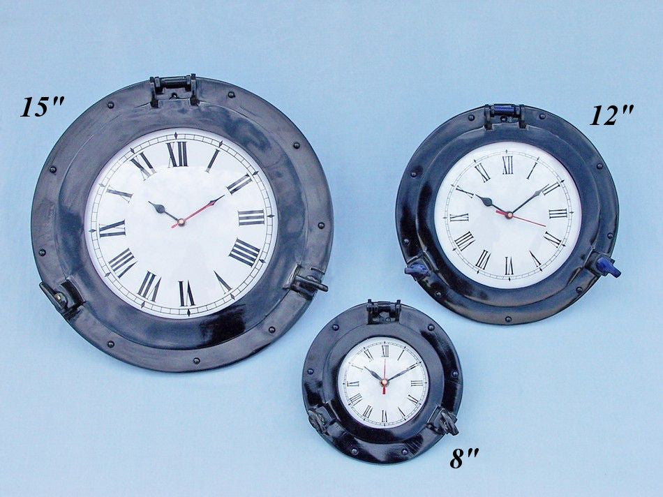 Brass Deluxe Class Porthole Clock 12" - Dark Blue