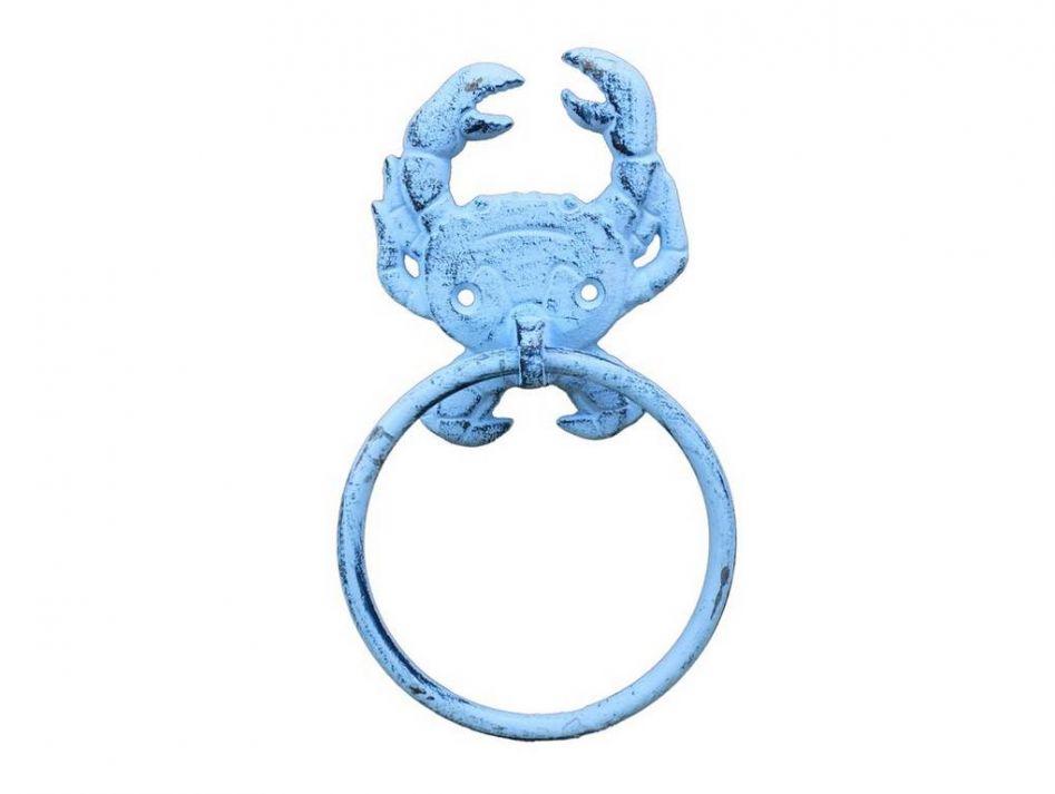 Dark Blue Whitewashed Cast Iron Crab Towel Holder 8"