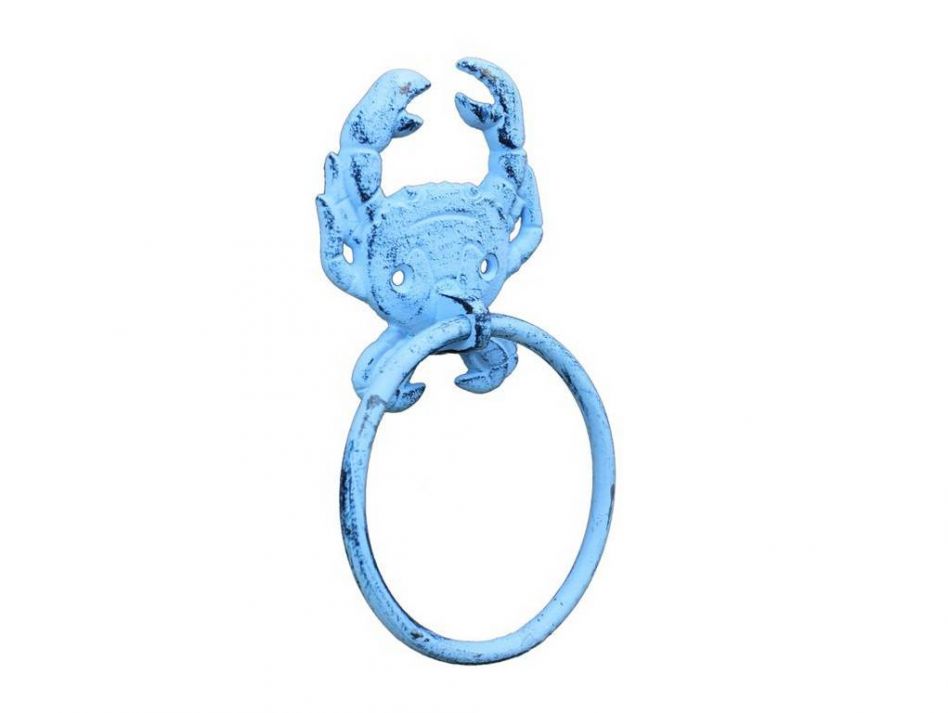 Dark Blue Whitewashed Cast Iron Crab Towel Holder 8"