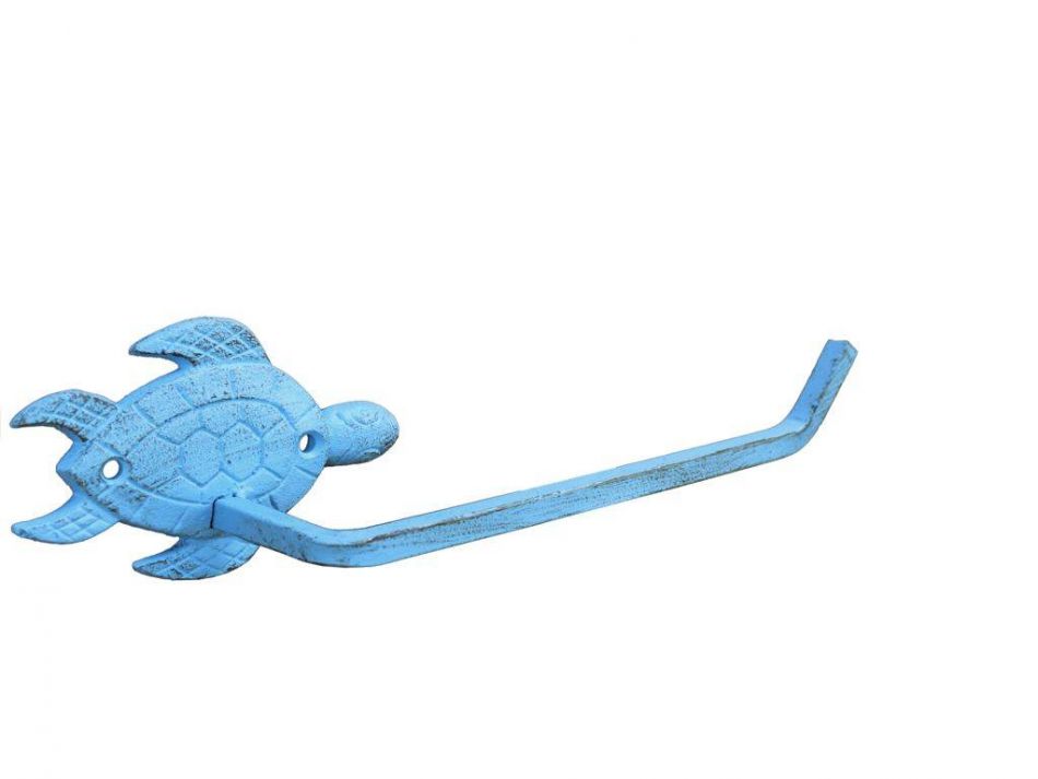Rustic Light Blue Cast Iron Sea Turtle Toilet Paper Holder 10"
