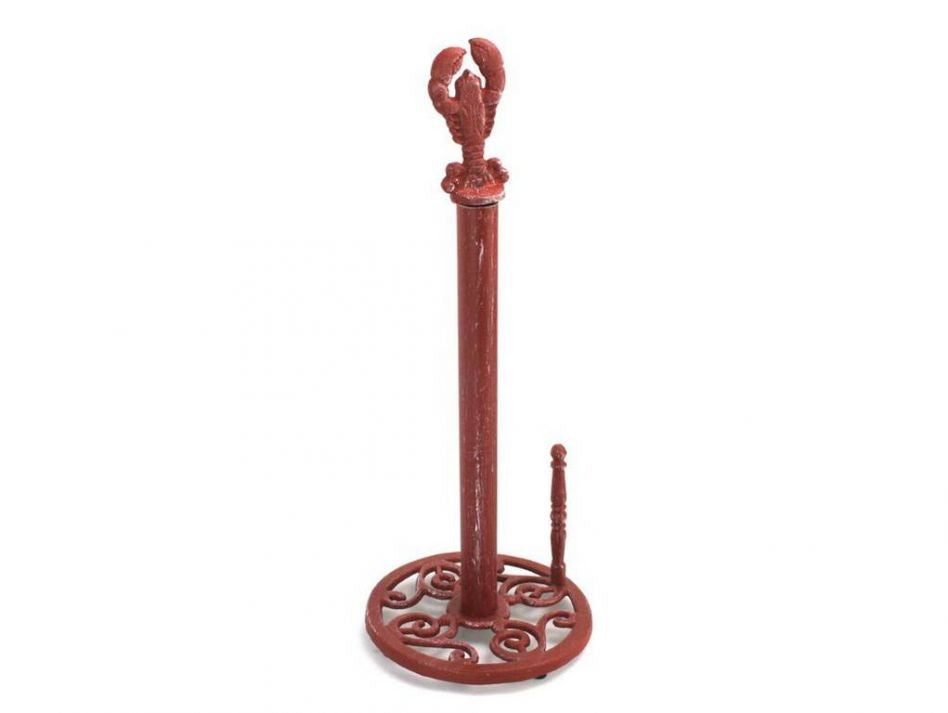 Red Whitewashed Cast Iron Lobster Paper Towel Holder 16"