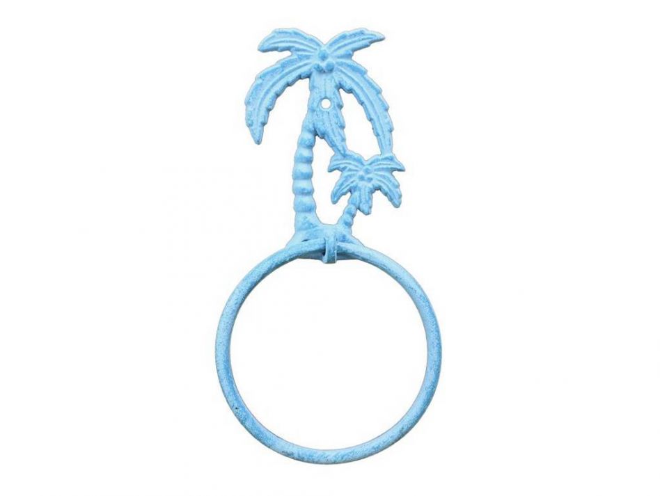 Light Blue Whitewashed Cast Iron Palm Tree Towel Holder 9"