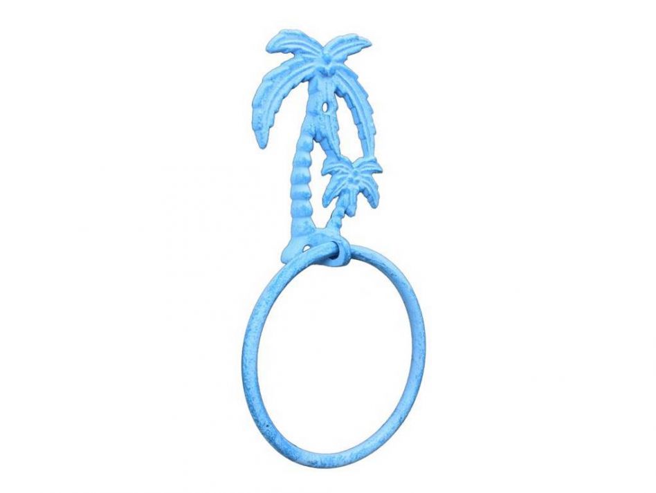 Light Blue Whitewashed Cast Iron Palm Tree Towel Holder 9"