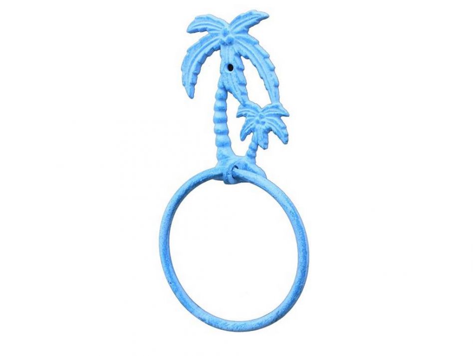 Light Blue Whitewashed Cast Iron Palm Tree Towel Holder 9"