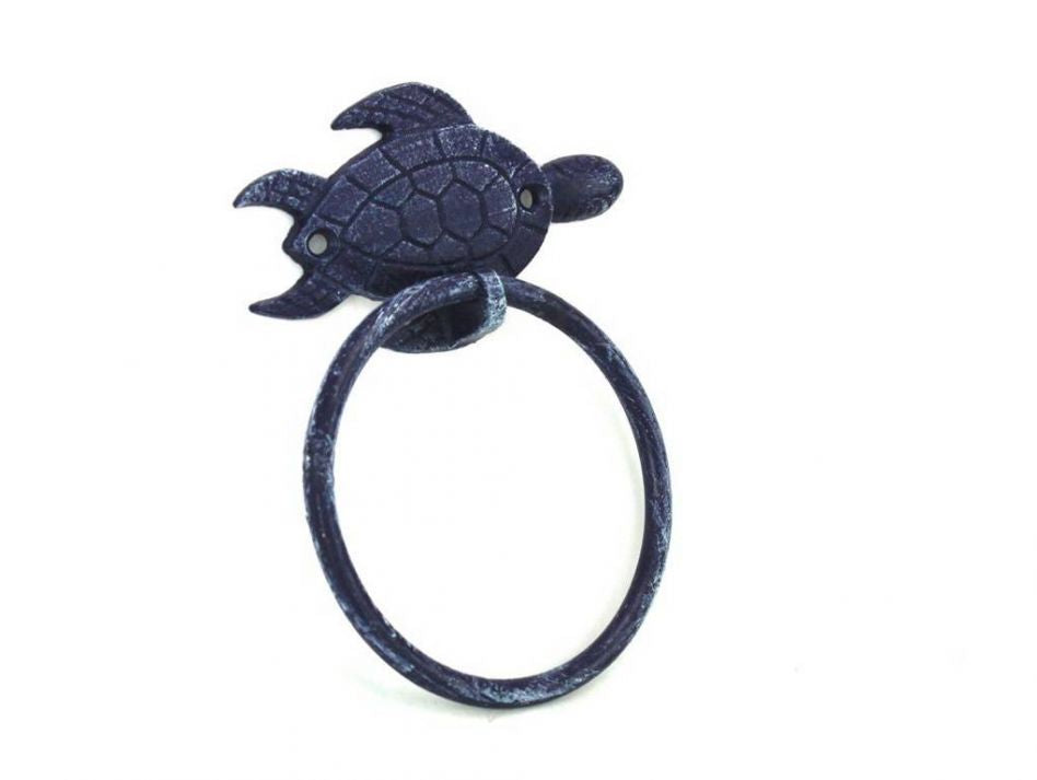 Rustic Dark Blue Cast Iron Sea Turtle Towel Holder 7"