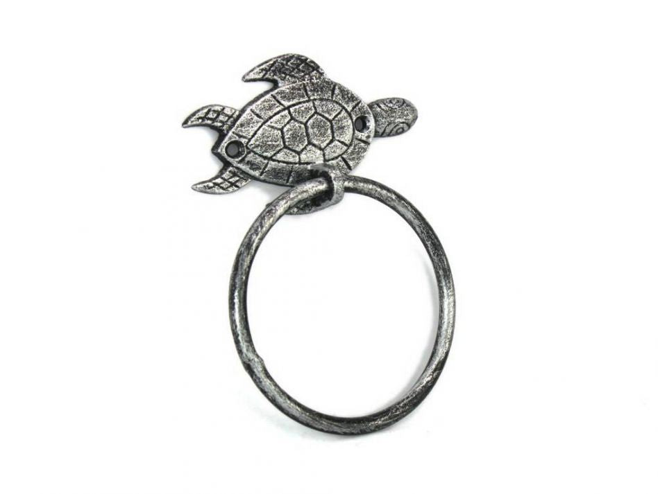 Antique Silver Cast Iron Sea Turtle Towel Holder 7"