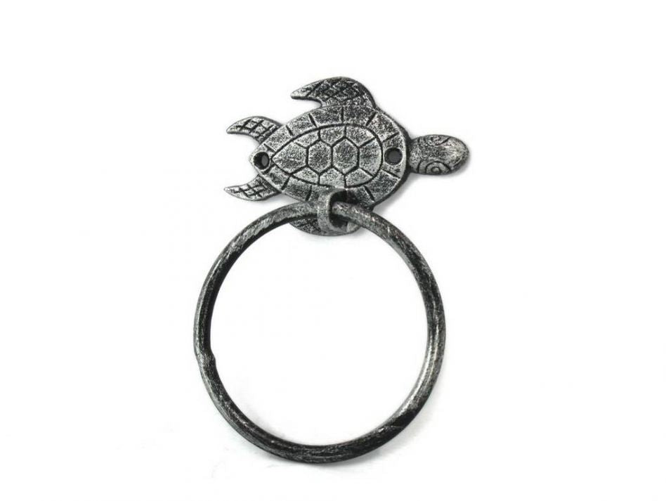 Antique Silver Cast Iron Sea Turtle Towel Holder 7"