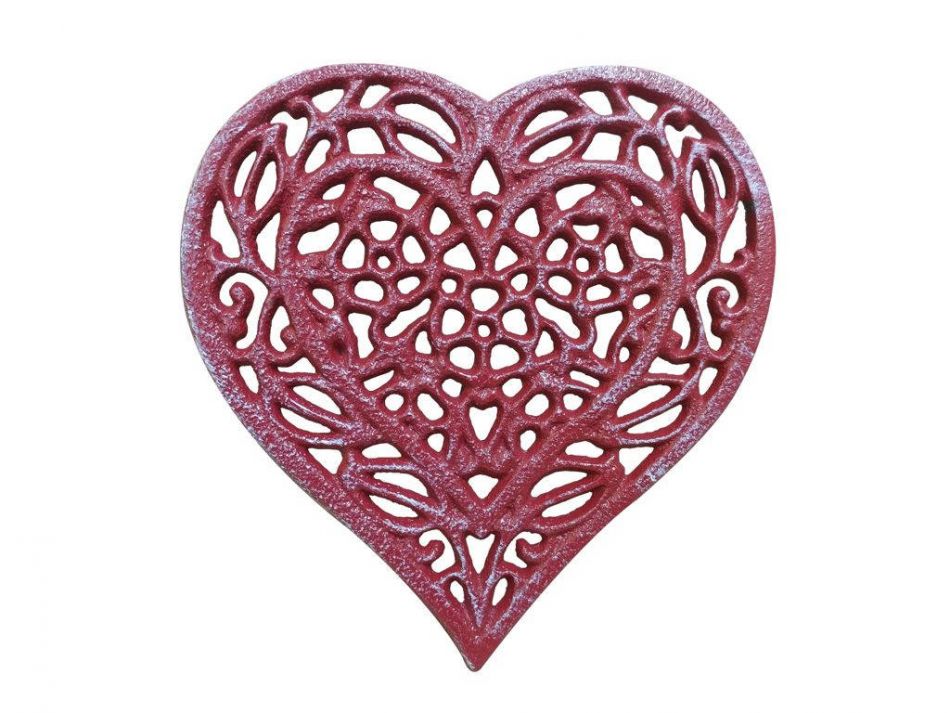 Rustic Red Whitewashed Cast Iron Heart Shaped Trivet 7"