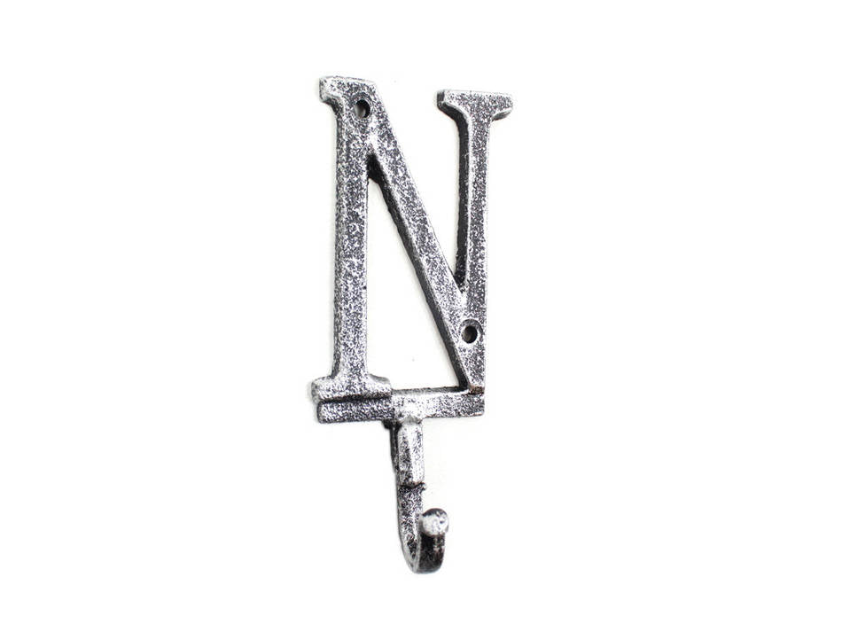 Rustic Silver Cast Iron Letter N Alphabet Wall Hook 6"