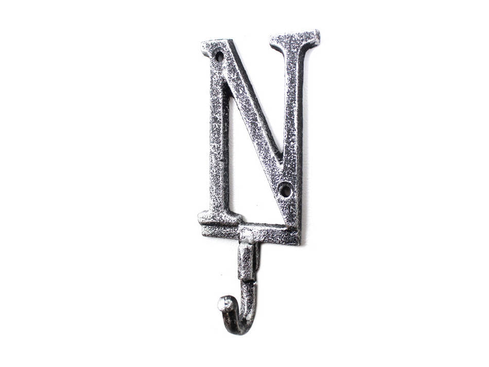 Rustic Silver Cast Iron Letter N Alphabet Wall Hook 6"