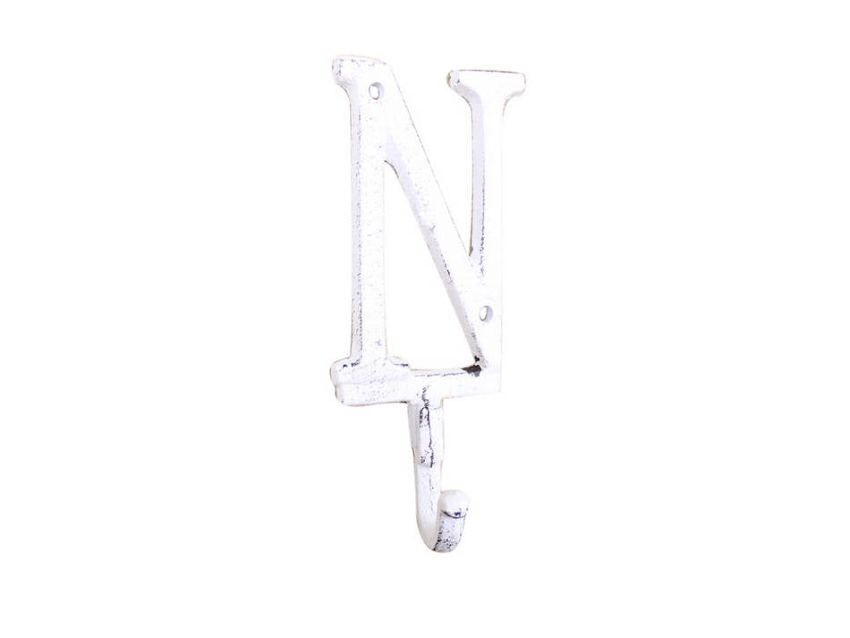 Whitewashed Cast Iron Letter N Alphabet Wall Hook 6"