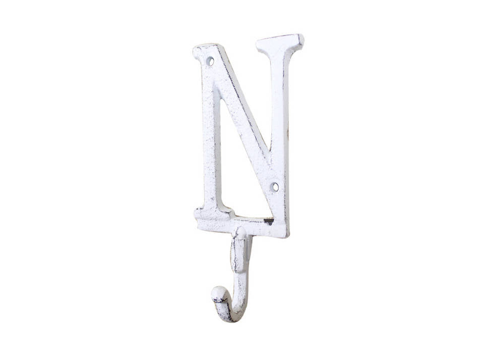 Whitewashed Cast Iron Letter N Alphabet Wall Hook 6"