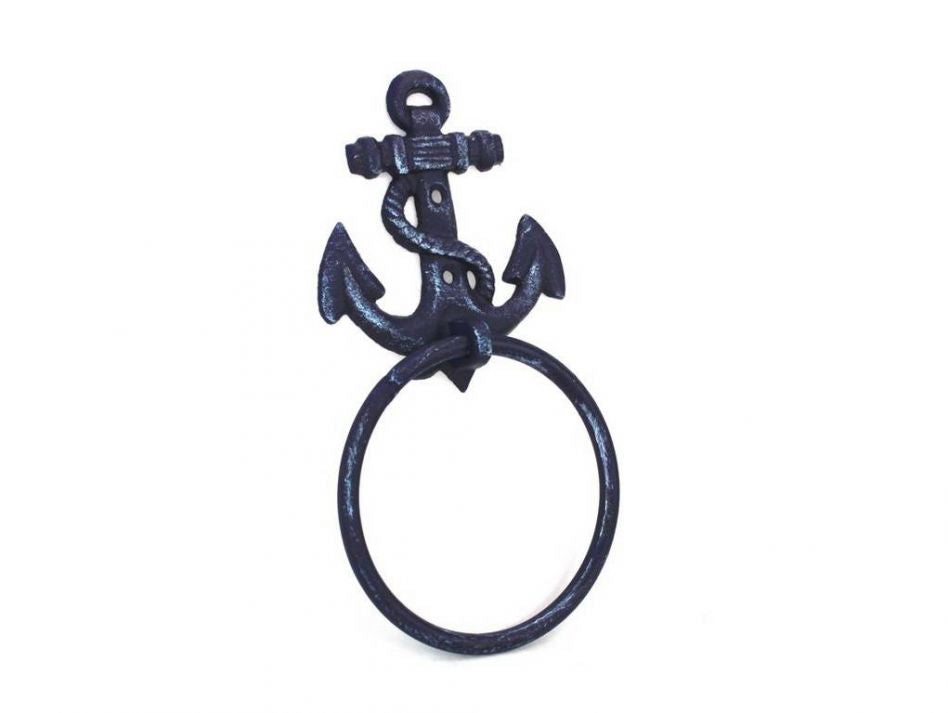Rustic Dark Blue Cast Iron Anchor Towel Holder 8.5"