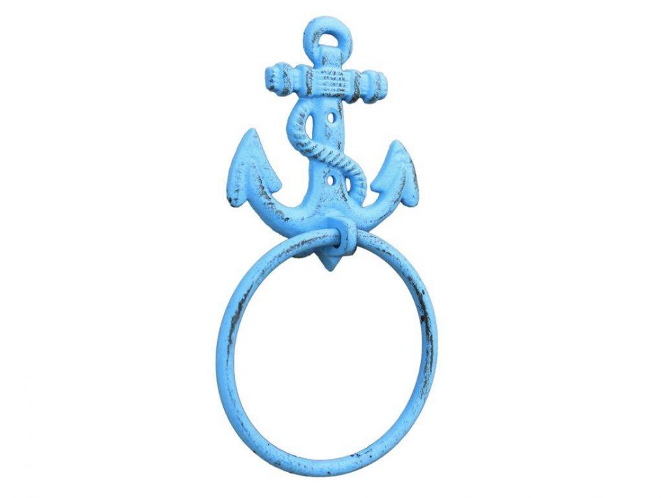Rustic Light Blue Cast Iron Anchor Towel Holder 8.5"