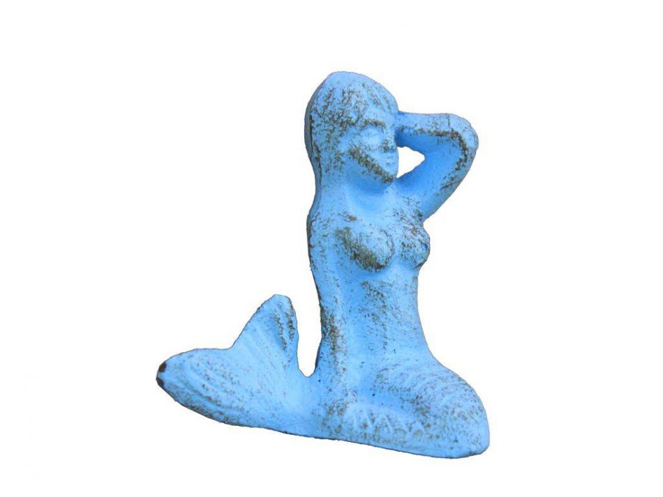 Rustic Light Blue Cast Iron Sitting Mermaid Paperweight 3"