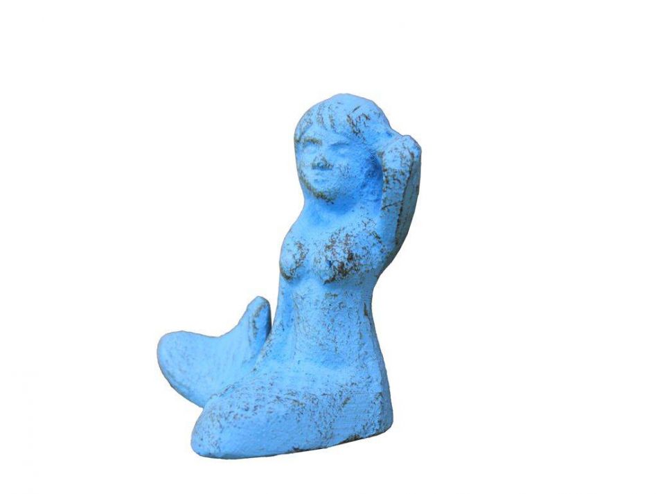 Rustic Light Blue Cast Iron Sitting Mermaid Paperweight 3"