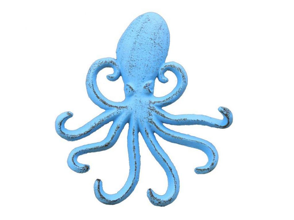 Rustic Light Blue Cast Iron Wall Mounted Decorative Octopus Hooks 7"