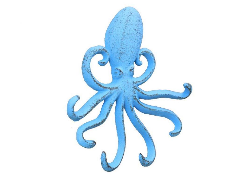 Rustic Light Blue Cast Iron Wall Mounted Decorative Octopus Hooks 7"