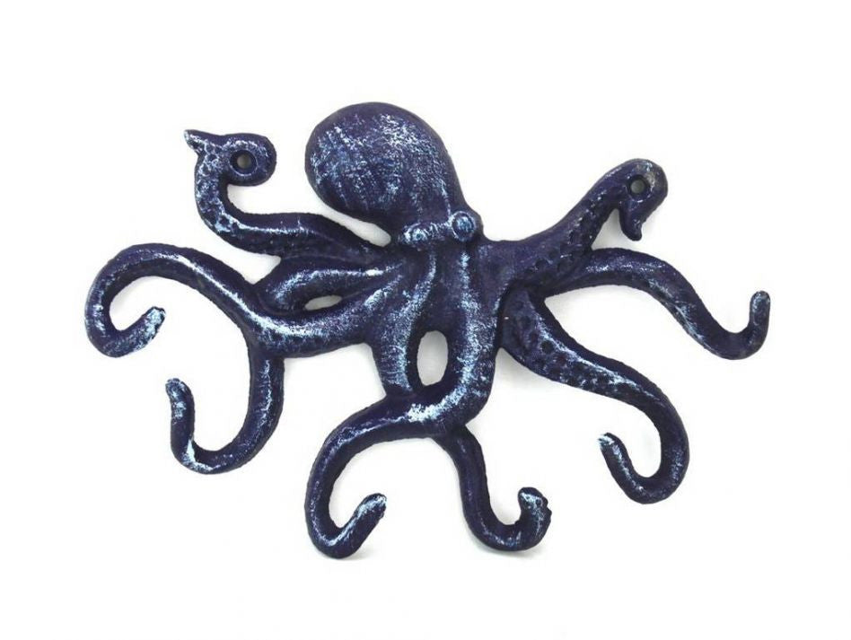 Rustic Dark Blue Cast Iron Octopus Hook 11"