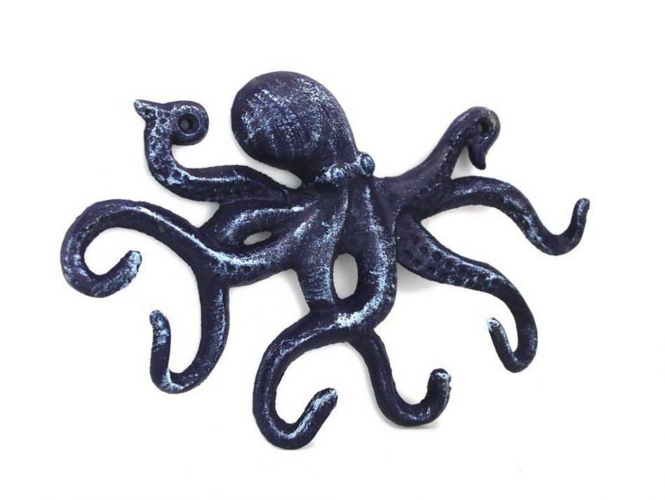 Rustic Dark Blue Cast Iron Octopus Hook 11"